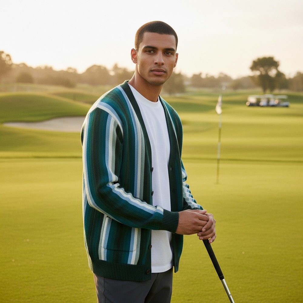 Bogey Boys Men's L Button Front Striped cardigan Sweater Teal New‎ Pockets